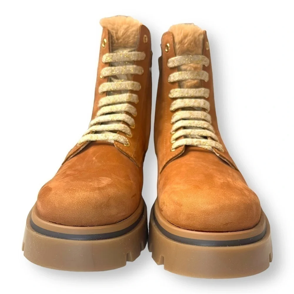 Beberlis Cognac Brown Suede Shearling Lace Up Combat Boots w/ Lug Soles NEW